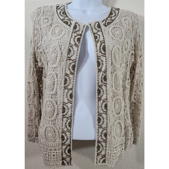 Peter Nygard Tan Beige Crochet Bead Overlay Open Front Blazer 8 Lightweight Soft - Picture 1 of 8